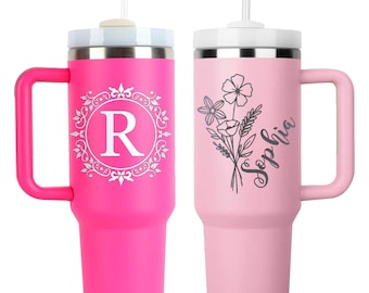 Monogram & Birth Flower 40oz Tumbler – Personalized Engraved Mug with Handle, Custom Gift for Her
