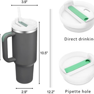 Size and lid diagram — visual guide showing tumbler height, width, and drinking straw features.