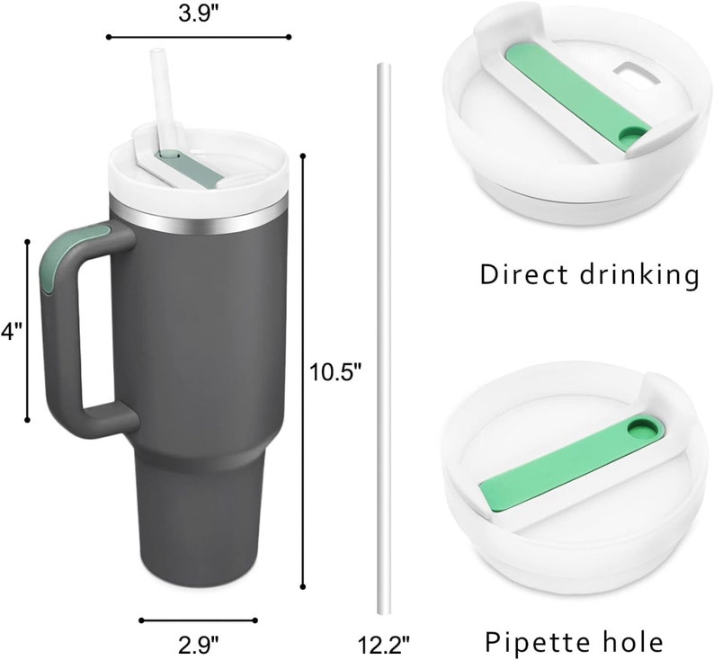 Size and lid diagram — visual guide showing tumbler height, width, and drinking straw features.