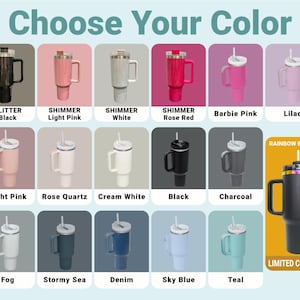 Color chart showing all available tumbler shades — pastel and bold color options for custom engraving.