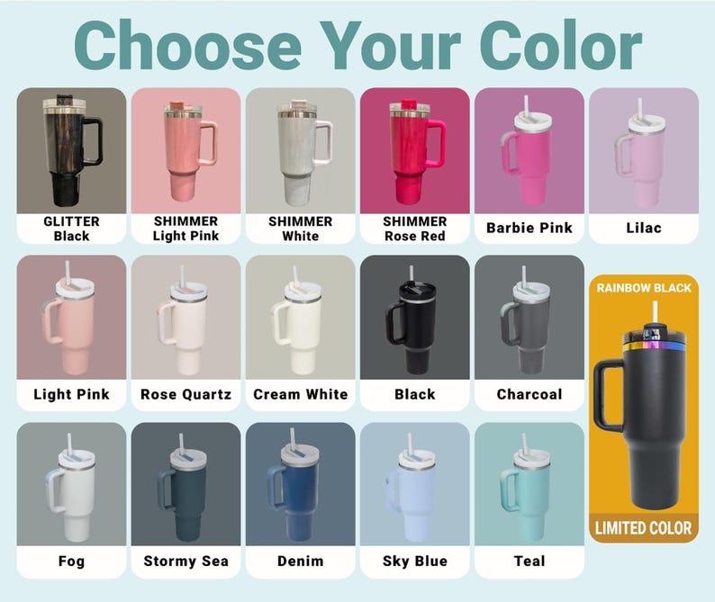 Color chart showing all available tumbler shades — pastel and bold color options for custom engraving.