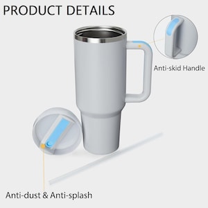 Product detail diagram — demonstrates anti-splash lid, ergonomic handle, and durable stainless steel construction.