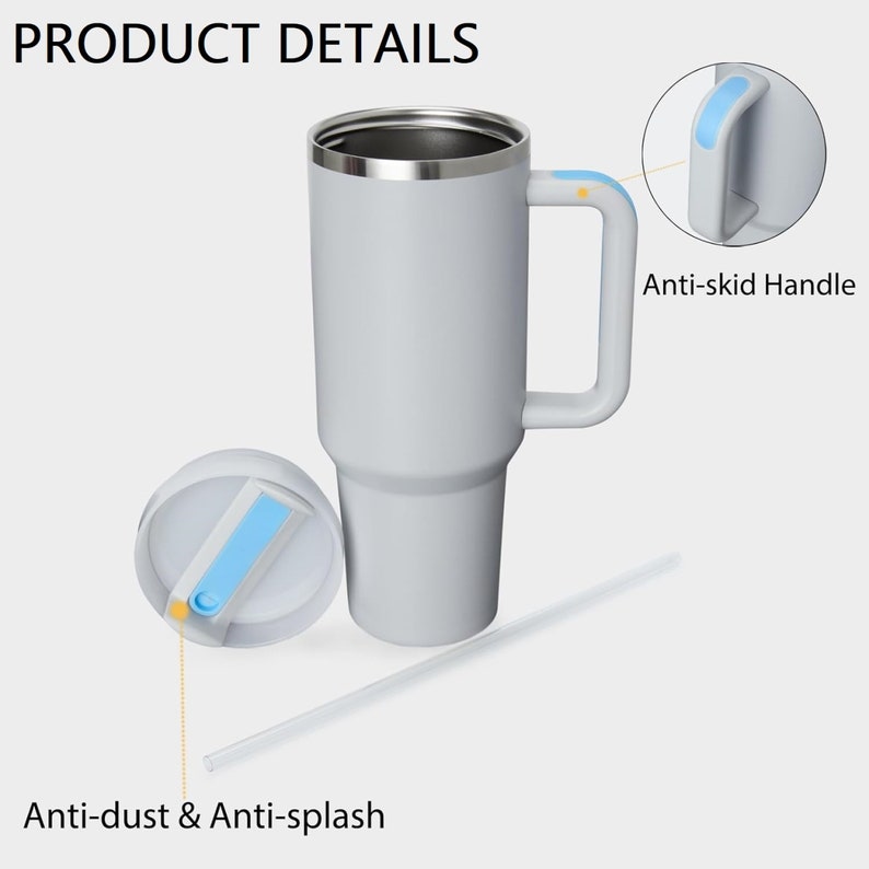 Product detail diagram — demonstrates anti-splash lid, ergonomic handle, and durable stainless steel construction.