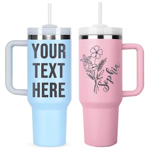 Personalized 40oz Tumbler with Handle & Straw – Custom Name or Text Engraved Travel Mug, Gift for Her, Bridesmaid, Insulated Cup