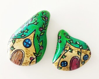 Miniature Fairy Houses hand painted on stones. Original Mixed Media Art. Gifts for Nature Lovers.