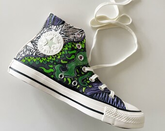 Dark Sneakers Hand Painted with Skulls, pitcher Plants, the Cheshire Cat on original All Stars