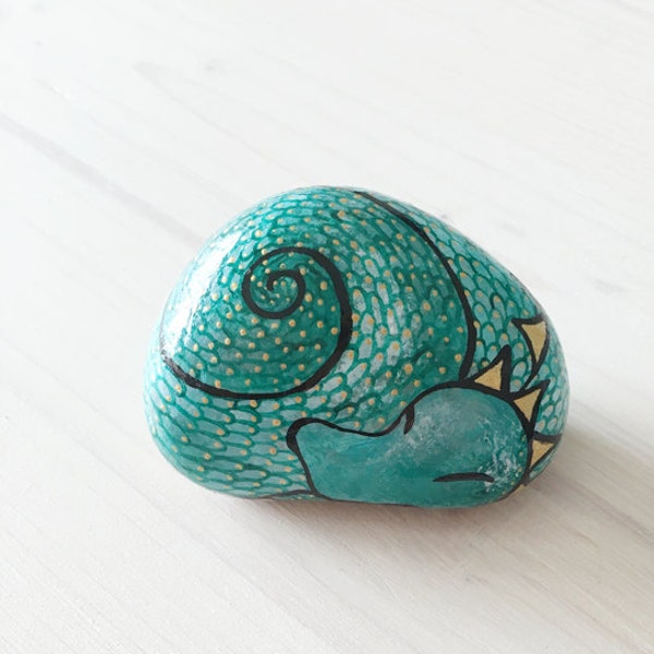 Cool gift Dragon Pebble Art in water green and gold