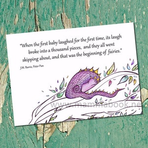 Dragon card with quote from Peter Pan. Limited Edition. When the first baby laughed. The beginning of fairies. Card for Newborn and new Mom image 1