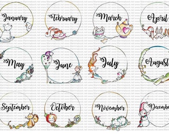 Scrapbooking illustrated embellishments. PDF with twelve months from original Mammabook drawings. For scrapbook, agendas, bullet journals