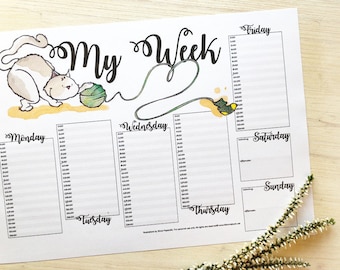 Printable Weekly Planner with Cat. INSTANT DOWNLOAD A4 page in PDF Format. Organisational tools for school and office.