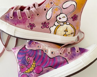 Wonderland Handpainted Converse with Cheshire Cat, Talking Flowers, the White Bunny and the Crichet Game