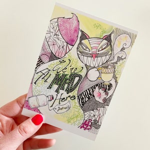 Cartolina "All Mad Here" ispirata ad Alice nel paese delle meraviglie. Illustrazione originale ad acquerello di Silvia Paparella