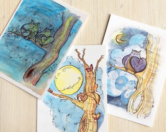 Set of three cards inspired by the creatures of the night. From original illustrations in pen pencils and watercolors