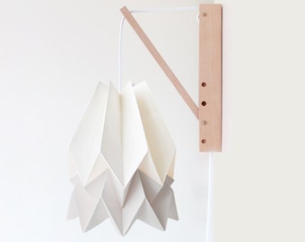Wall Origami Lamp | Orikomi Polar White with Light Grey Stripe with Wooden Structure