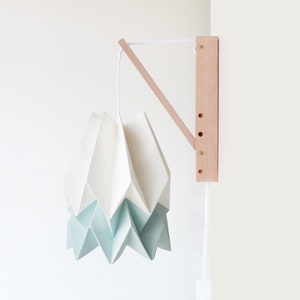 Wooden Wall Sconce Origami Wall Lamp Polar White with Mint Blue Stripe with Wooden Structure image 1