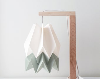 NEW! Origami lamp | Table Lamp Polar White with Smokey Sage Stripe with Wooden Structure