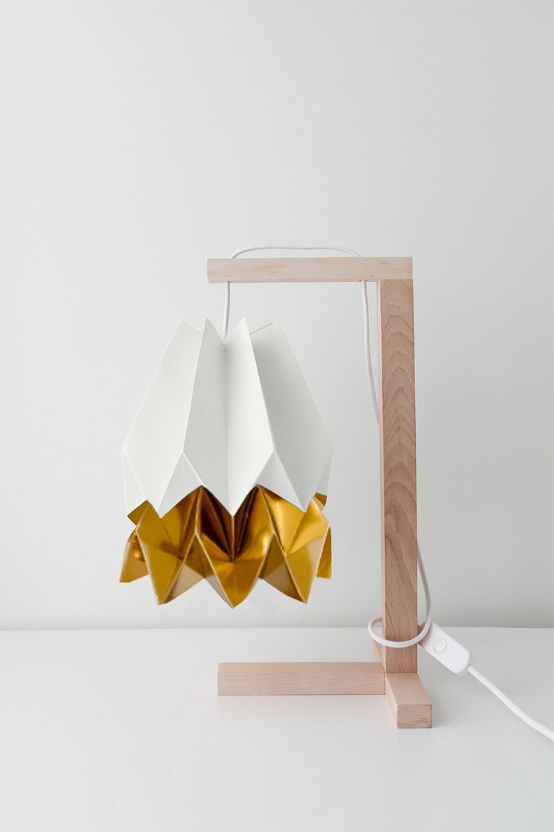 Paper Lamp Table Polar White With Warm Gold Stripe Wooden Structure