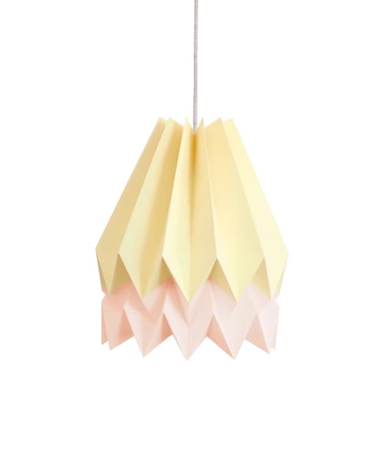 Hanging Paper Light Origami Lamp For Bedroom Or Nursery Pale Yellow With Pastel Pink Stripe Original Lighting