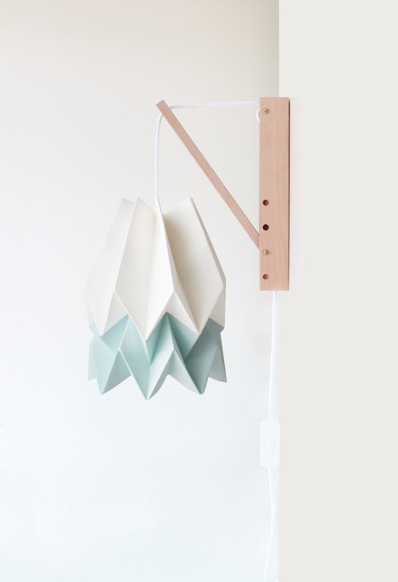 Wooden Wall Sconce Origami Wall Lamp Polar White with Mint Blue Stripe with Wooden Structure image 1