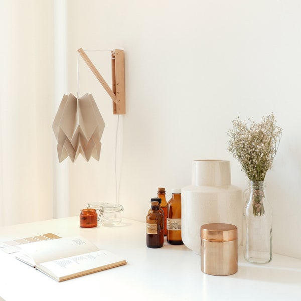 Applique murale en bois | Lampe Origami Uni Taupe Clair avec Structure en Bois