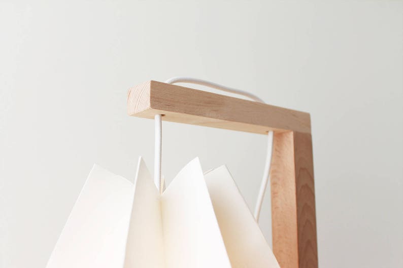 Paper Lamp shade Table Lamp Polar White with Light Grey Stripe with Wooden Structure image 2