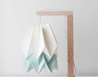 Paper Lampshade, Origami Lamp | Table Lamp Polar White with Mint Blue Stripe with Wooden Structure