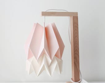 Paper Lamp Shade | Table Lamp Pastel Pink with Polar White Stripe with Wooden Structure