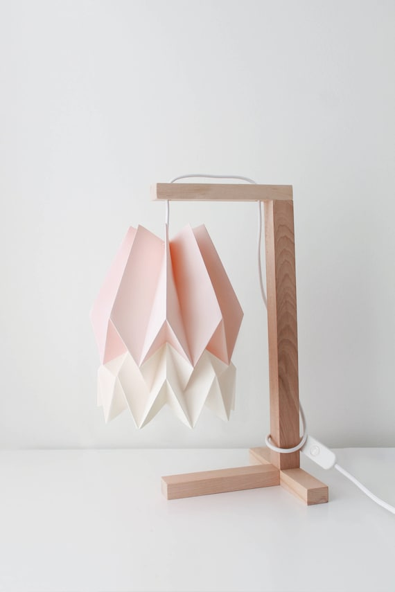 Paper Lamp Shade Table Pastel Pink With Polar White Stripe Wooden Structure
