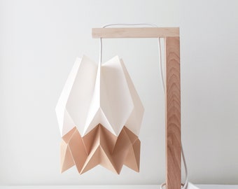 NEW! Origami lamp | Table Lamp Polar White with Warm Chestnut Stripe with Wooden Structure