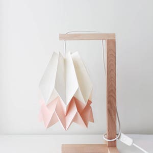 Table Lamp, Origami lamp | Table Lamp Polar White with Pastel Pink Stripe with Wooden Structure