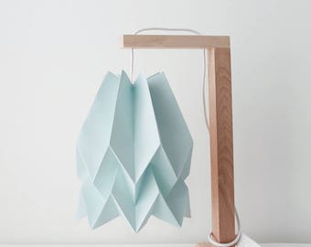 Origami Lamp, Paper Lampshade for Bedroom or Living | Table Lamp Plain Mint Blue with Wooden Structure