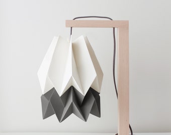 Lampe Origami | Lampe de Table Blanc Polaire avec Bande Gris Alpin avec Structure en Bois