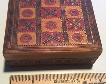 Polish hand made wooden box with tic-tac-toe on lid trinket jewely collectible copper inlay