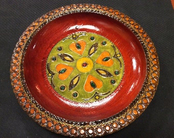 hand carved wooden plate made in Poland painted flower heart design green brown orange collectible