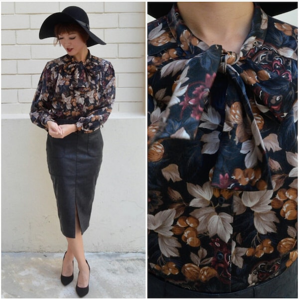 1960 Vintage Blouse/ Winter Vineyard Blouse/ Medium Blouse/ Japanese Vintage/ Black Blouse/ Floral Blouse/ Secretary Blouse/ Pussy Bow Top