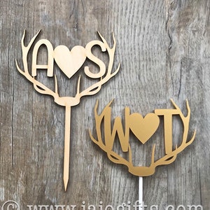 Rustic stag wedding cake topper precision laser cut wood or gold metallic acrylic antlers deer unique engagement anniversary personalised