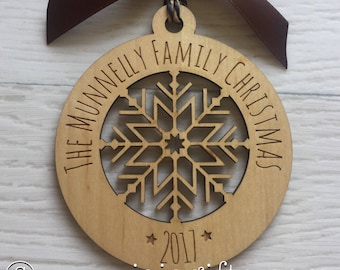 Engraved personalised Christmas Snowflake Decoration fully customisable wood veneer maple or cedar or bamboo first christmas bauble