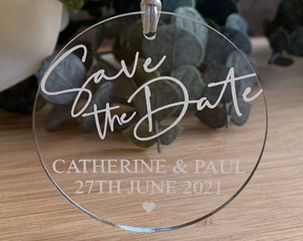 Acrylic save the date, round hanging acrylic save the dates, wedding invitations, acrylic invitations, engraved