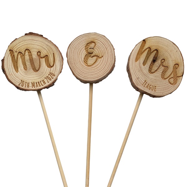 Rustic wood log slice engraved cake topper Mr and Mrs, Mr and Mr, Mrs and Mrs personalised wooden