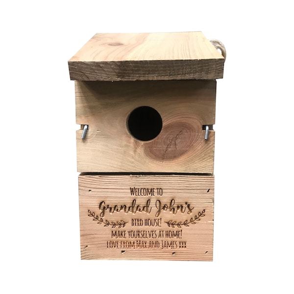 Personalised engraved wooden bird house perfect for bird watchers grandad, grandma, mum, dad Christmas Father's Day Mother's Day bird box