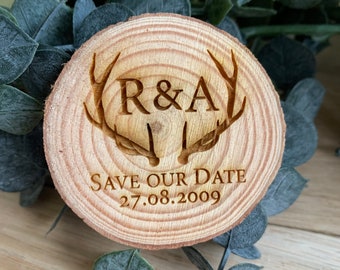 Personalised wood engraved antler log slice save the date can add magnet*, card or box for the perfect unique item wooden