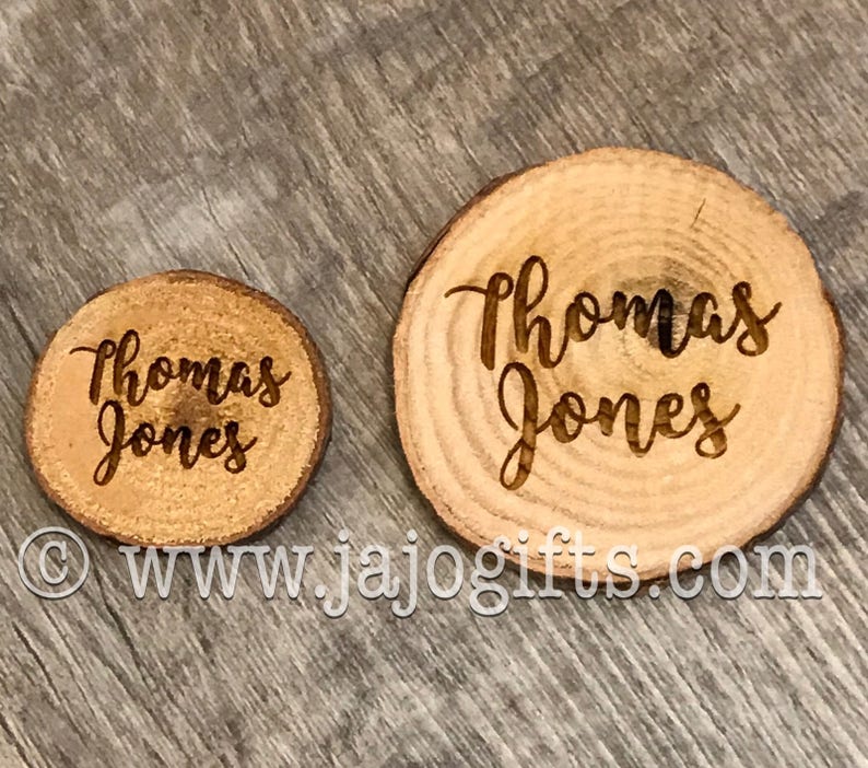 Rustic engraved personalised name places wedding breakfast tags place names log wood slices 30mm 3cm OR 50mm 5cm *magnet calligraphy font