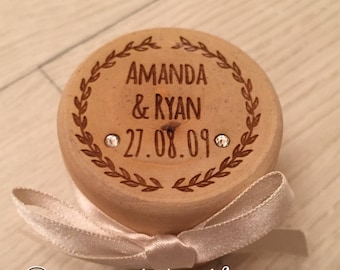 Engraved personalised wooden wedding ring box with satin ribbon and inlaid genuine Austrian crystals