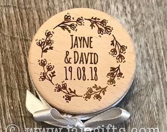 Engraved personalised wooden wedding ring box with satin ribbon
