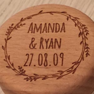 Engraved personalised wooden wedding ring box with satin ribbon image 2