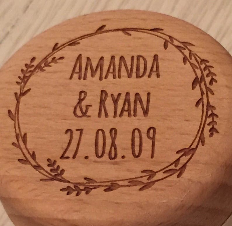 Engraved personalised wooden wedding ring box with satin ribbon image 2