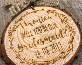 Thank you for being our bridesmaid engraved personalised wood log slice hanger keepsake be my maid of honour flower girl rustic wedding