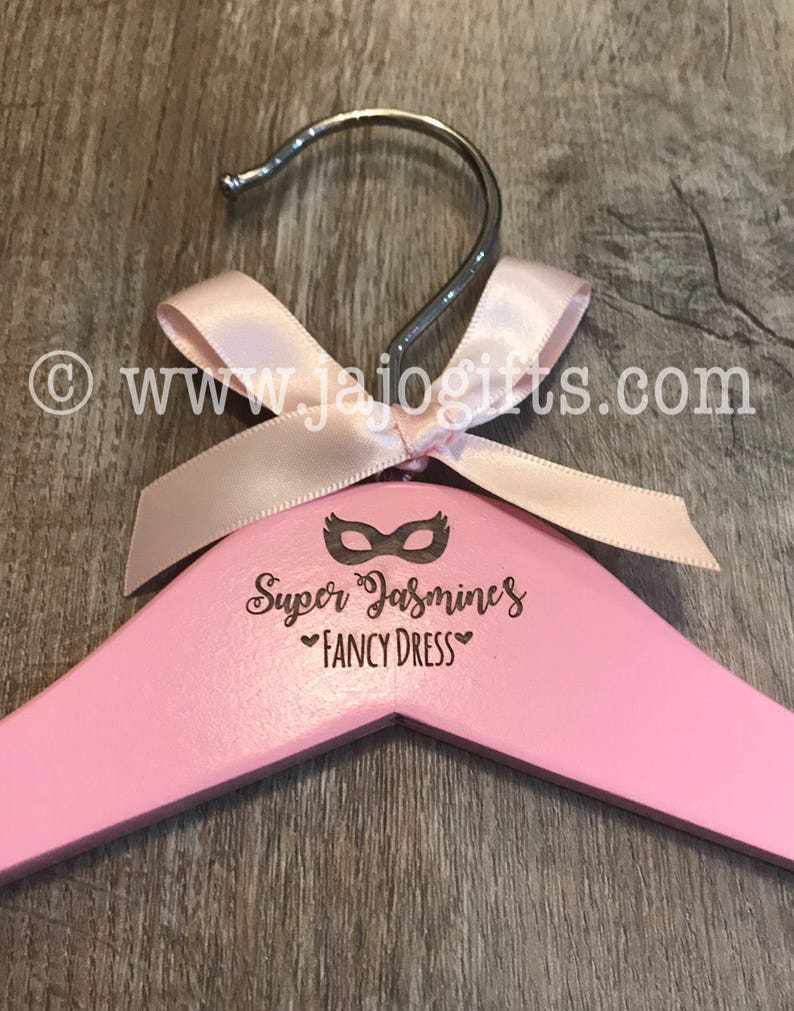 Personalised engraved child girl fancy dress costume clothes hanger set pink blue white or wood princess unicorn hero fairy image 3