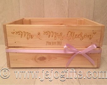Personalised engraved wedding crate made from solid pine wood gift keepsake