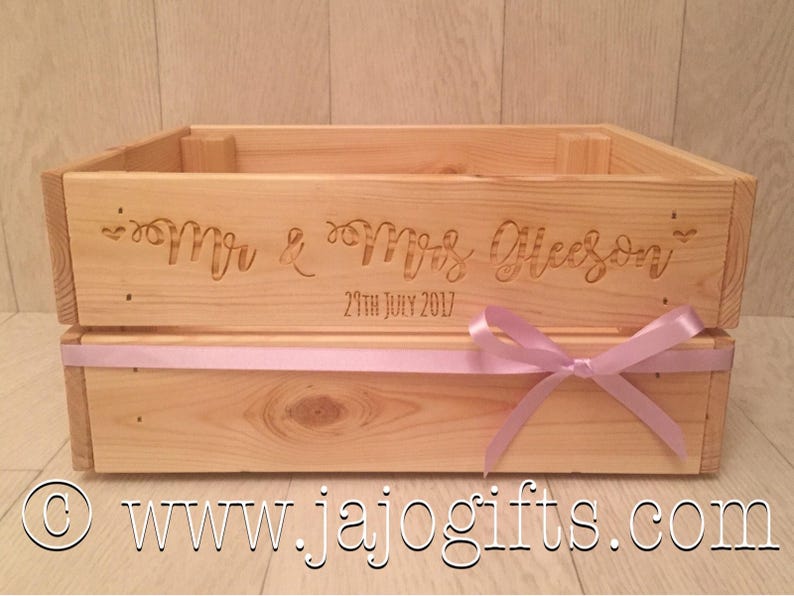 Personalised engraved wedding crate made from solid pine wood gift keepsake image 1